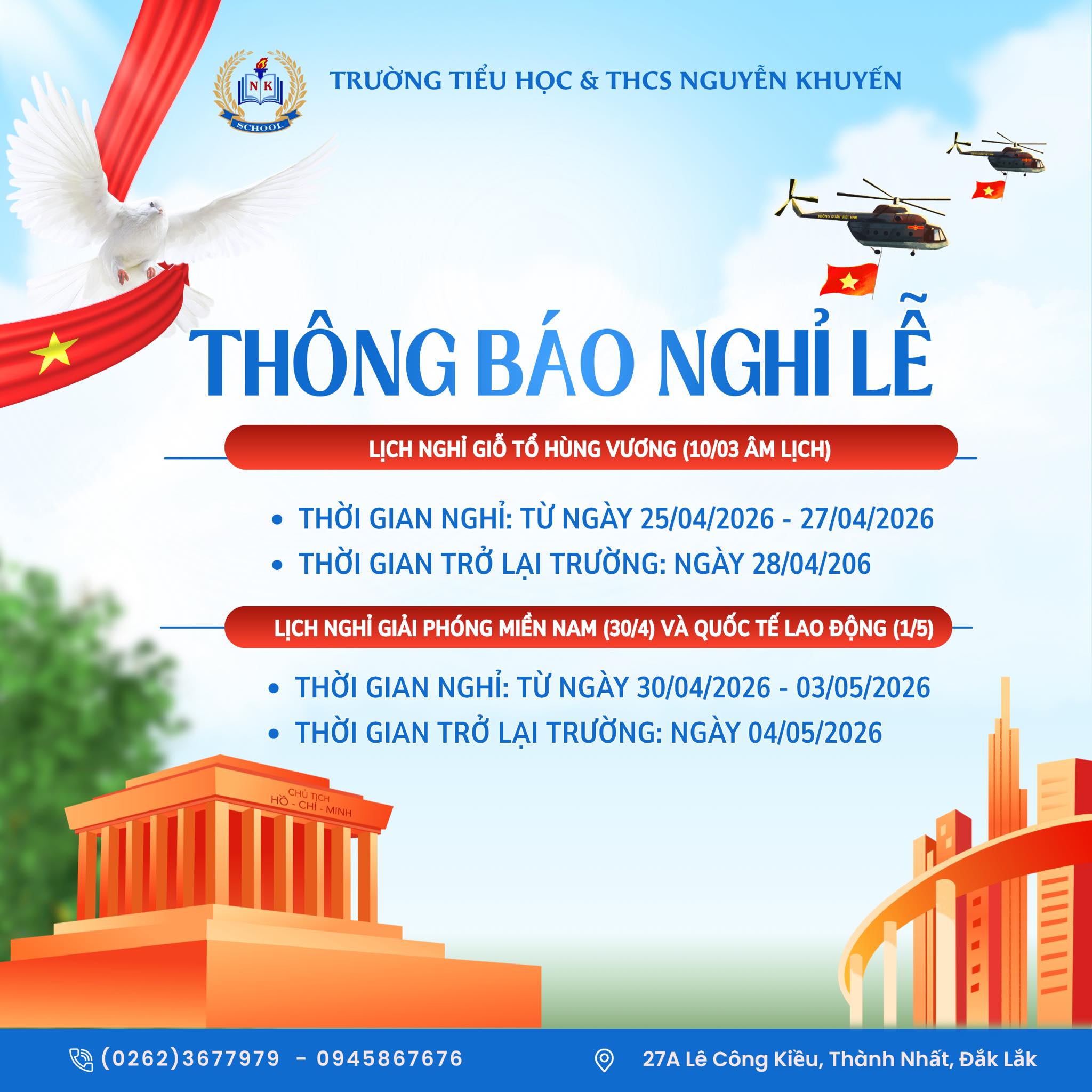 THÔNG BÁO NGHỈ LỄ GIỖ TỔ HÙNG VƯƠNG VÀ 30-4 & 1-5 năm 2026